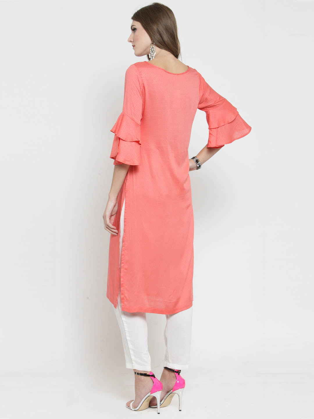 Coral Solid bell sleeve Kurta and White Palazzo Set