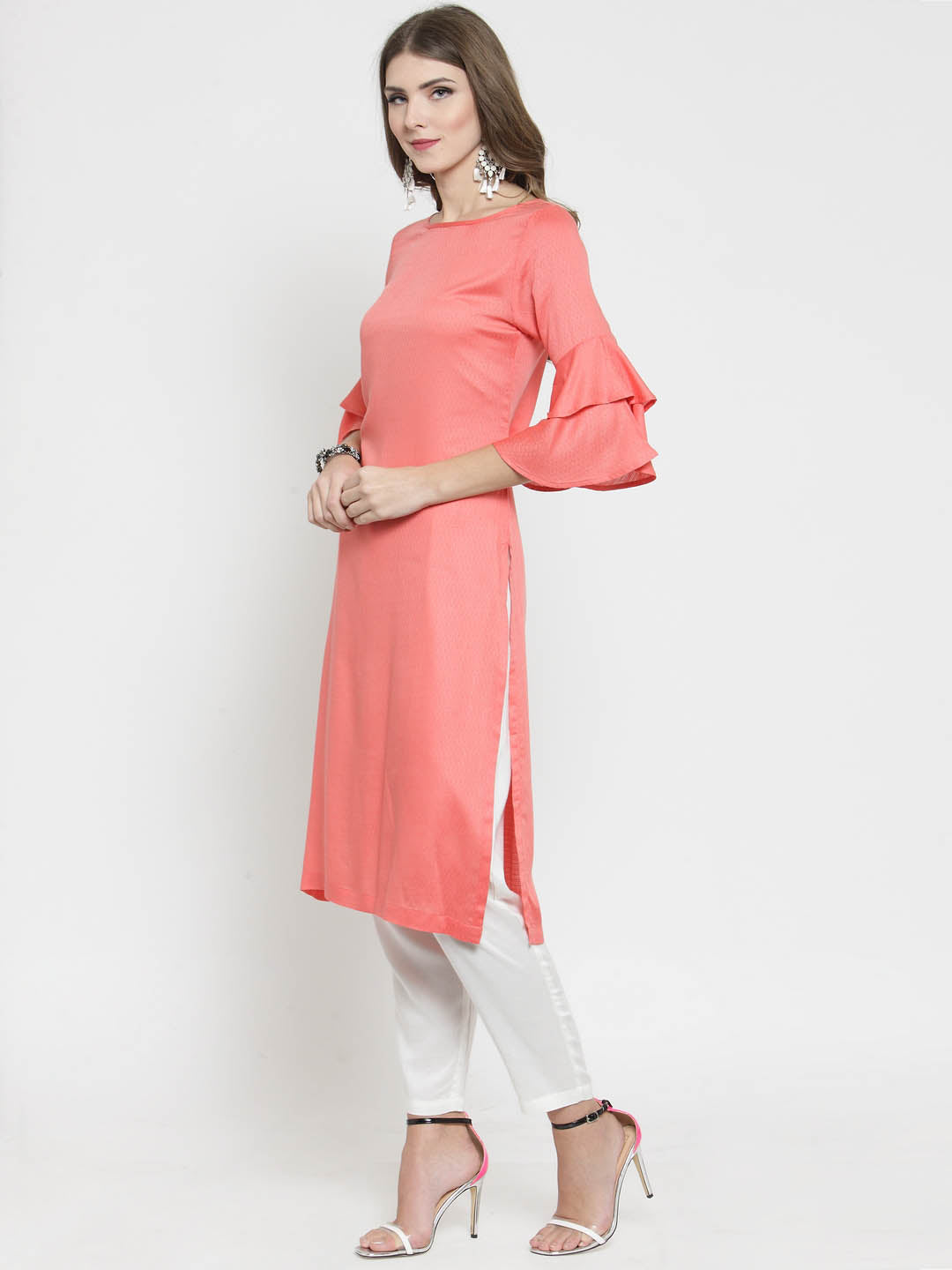 Coral Solid bell sleeve Kurta and White Palazzo Set