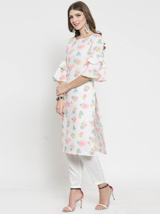 White Printed bell sleeve Kurta and White Palazzo Set