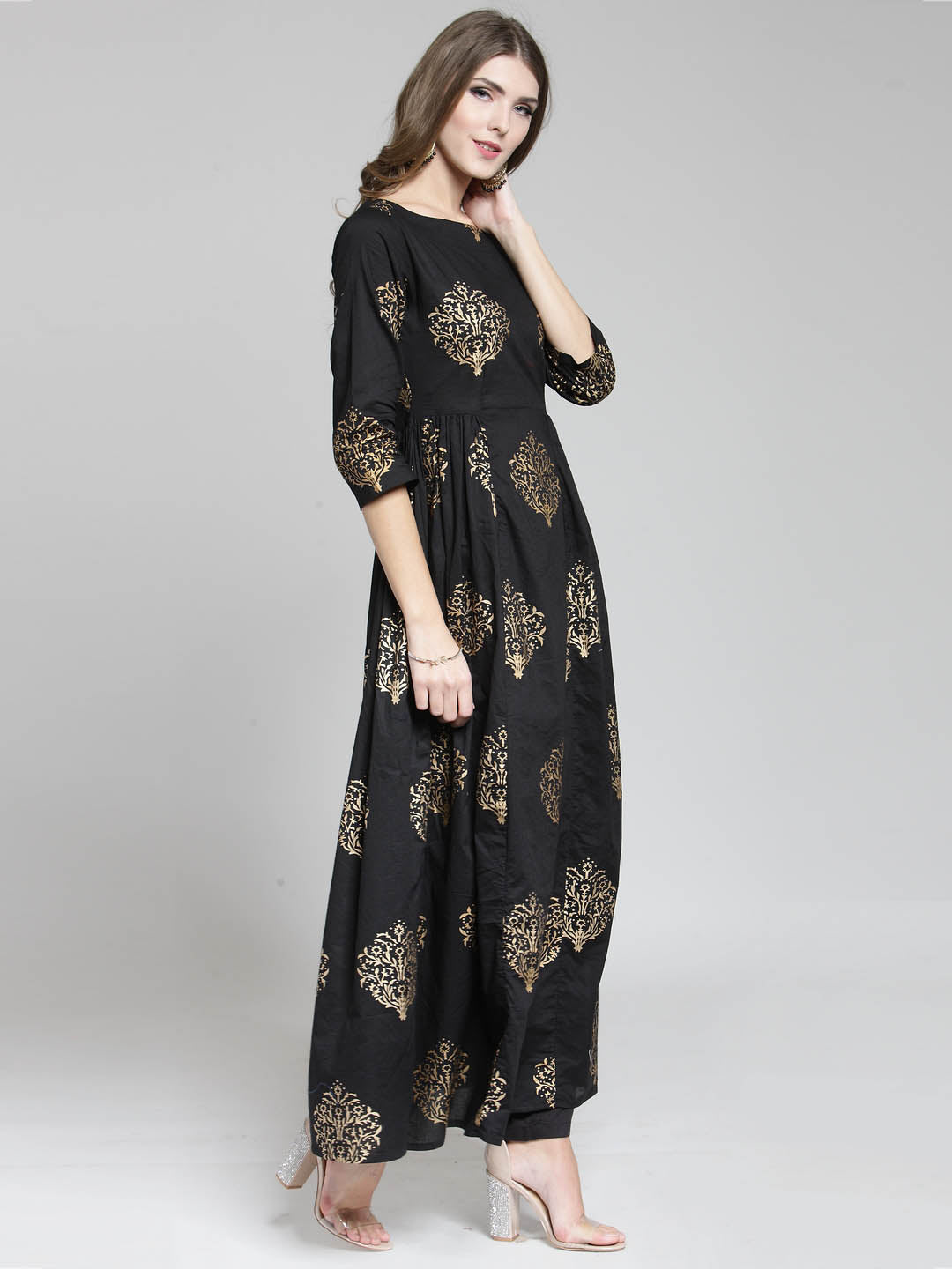 Gold print Kurta and Black Palazzo Set