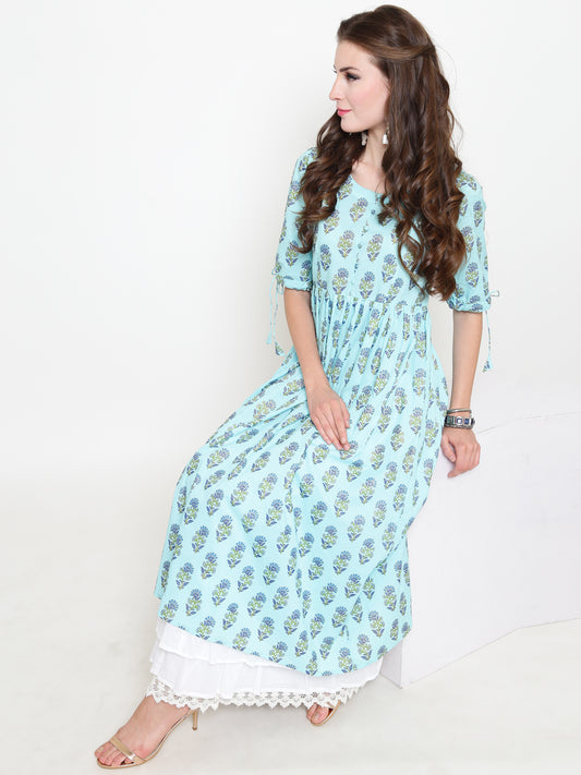 Blue Printed Anarkali Kurta With Palazzzo