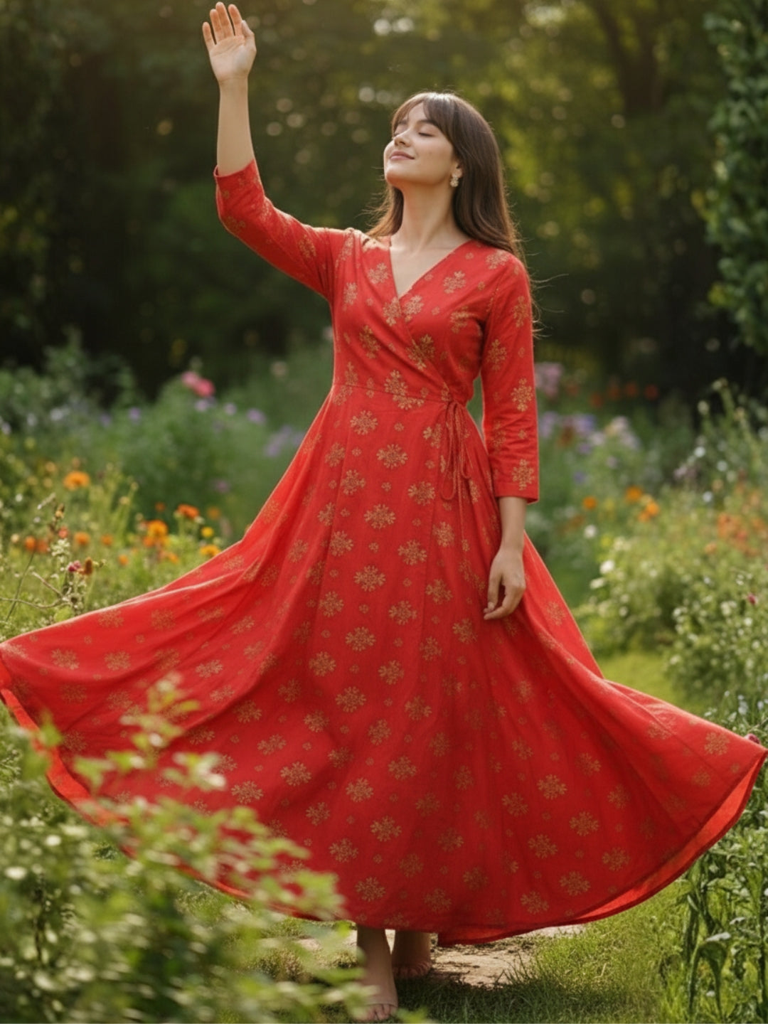 Elegant Red Printed Anarkali Dress for Women , Ethnic Long Flared Dress , Festive & Party Wear Dress