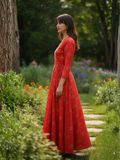 Elegant Red Printed Anarkali Dress for Women , Ethnic Long Flared Dress , Festive & Party Wear Dress