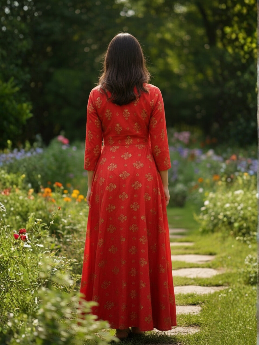 Elegant Red Printed Anarkali Dress for Women , Ethnic Long Flared Dress , Festive & Party Wear Dress