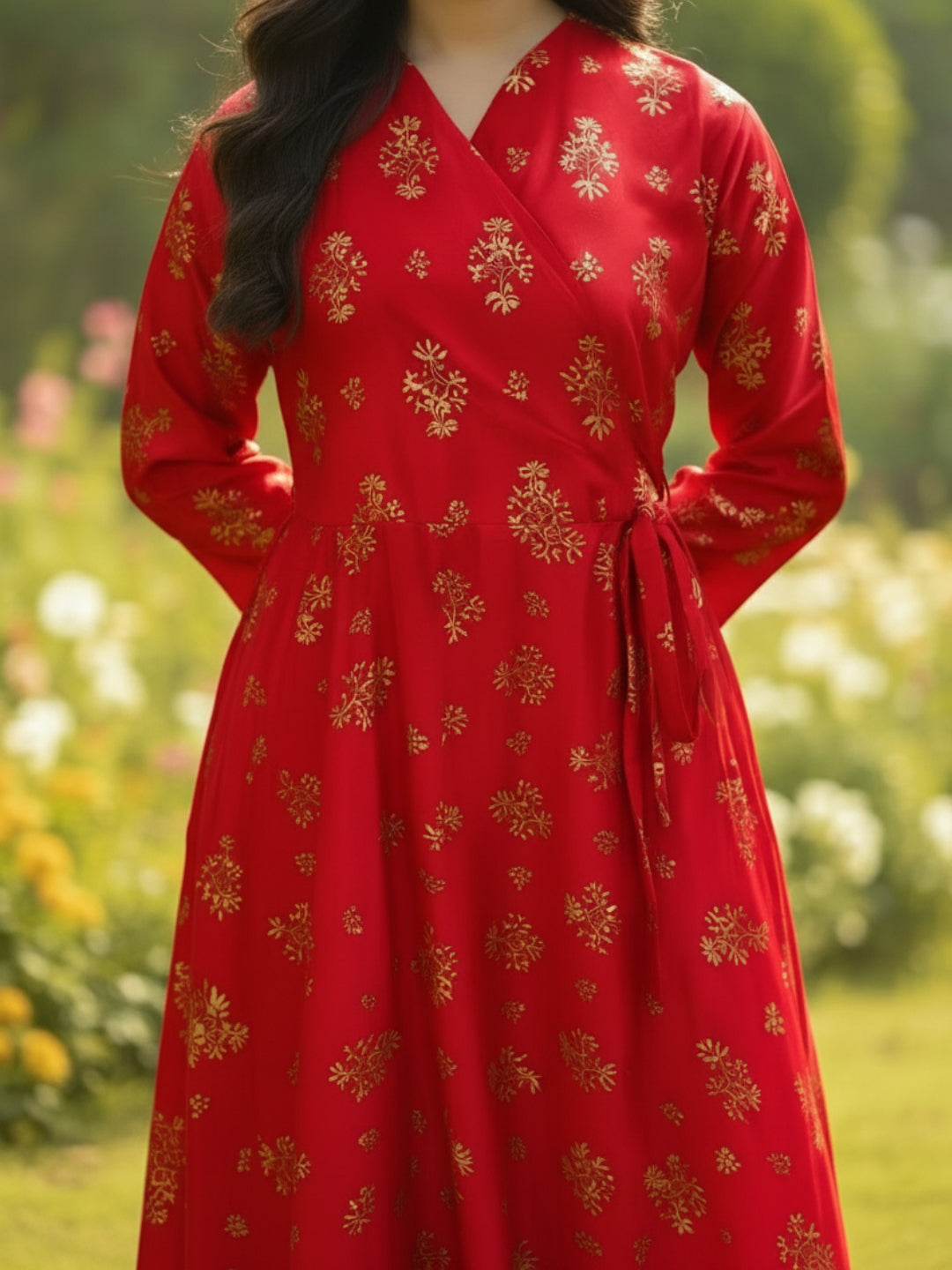 Elegant Red Printed Anarkali Dress for Women , Ethnic Long Flared Dress , Festive & Party Wear Dress