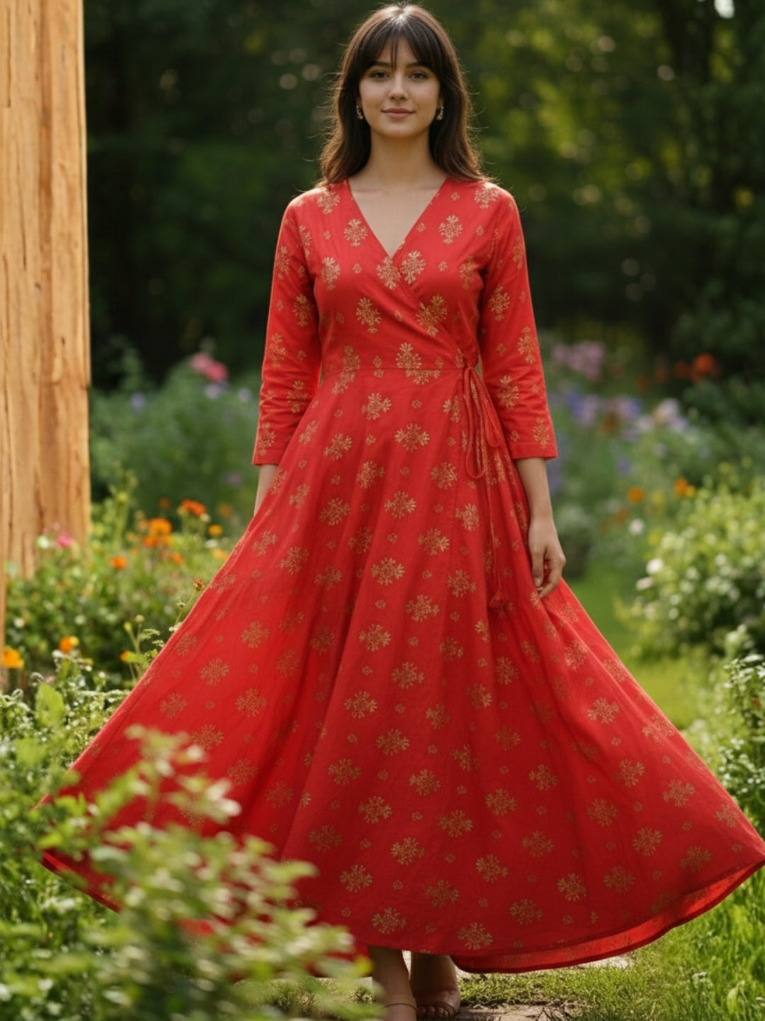 Elegant Red Printed Anarkali Dress for Women , Ethnic Long Flared Dress , Festive & Party Wear Dress