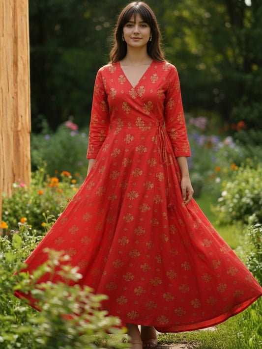 Elegant Red Printed Anarkali Dress for Women , Ethnic Long Flared Dress , Festive & Party Wear Dress
