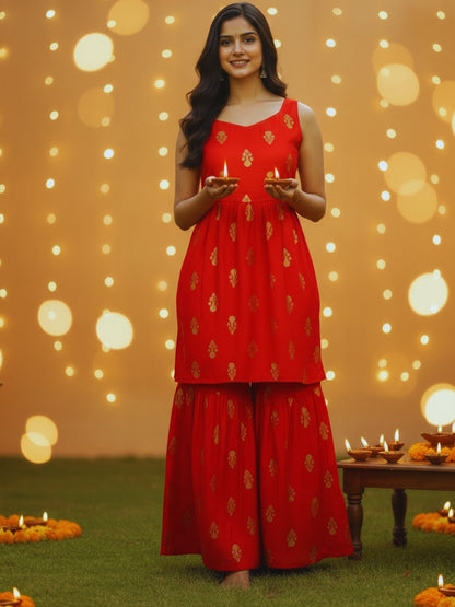 Red Printed Sleeveless Top Sharara Cord Set for Women ,Festive Ethnic Wear