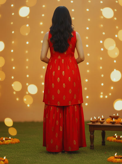 Red Printed Sleeveless Top Sharara Cord Set for Women ,Festive Ethnic Wear