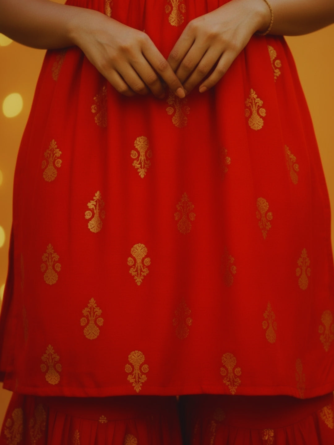 Red Printed Sleeveless Top Sharara Cord Set for Women ,Festive Ethnic Wear