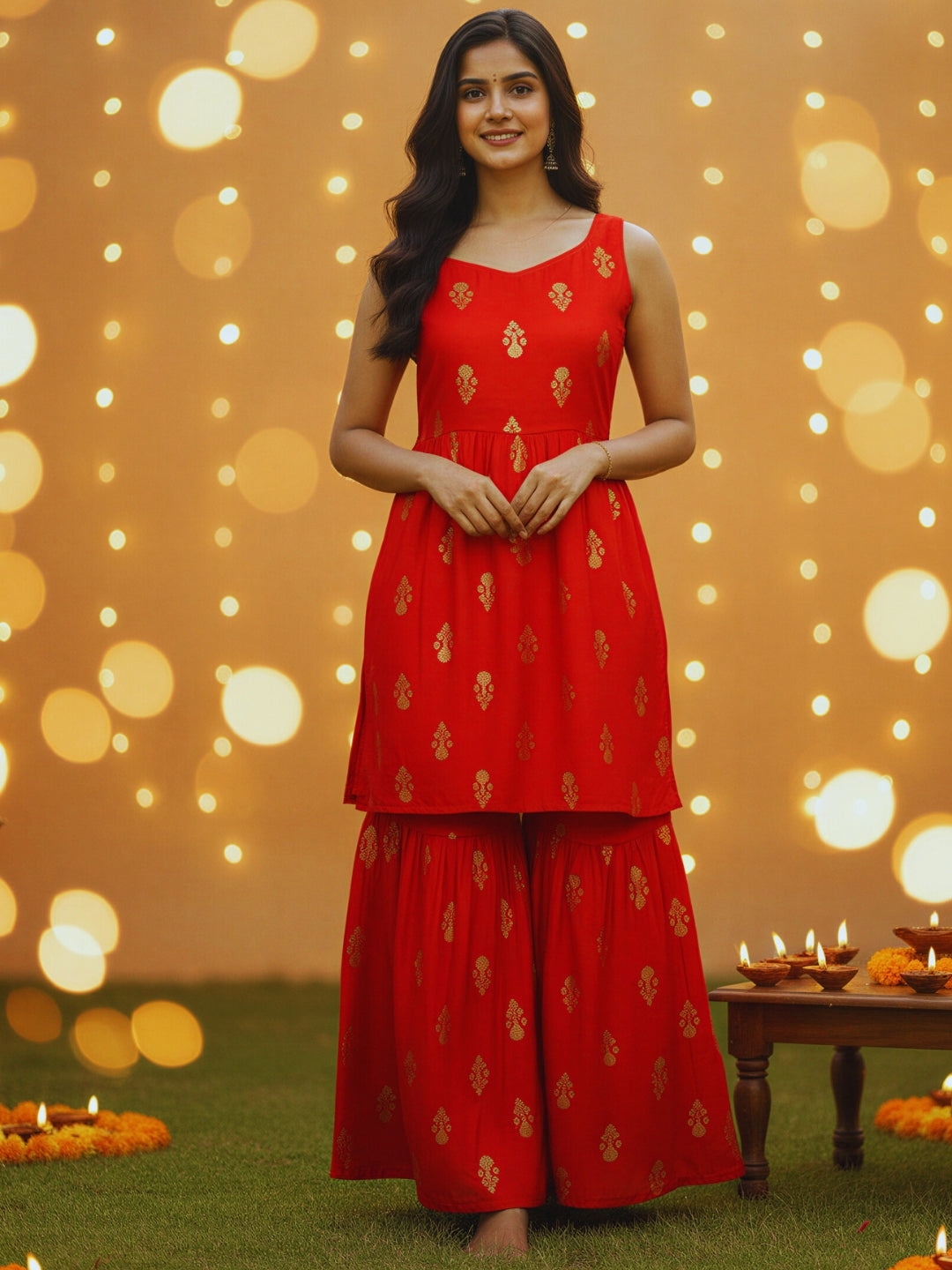 Red Printed Sleeveless Top Sharara Cord Set for Women ,Festive Ethnic Wear