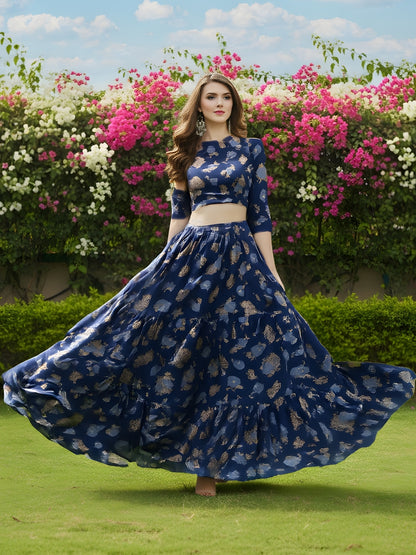 Elegant Navy Blue Printed Crop Top Flared Skirt Festive & Party Wear Top and  Skirt Set