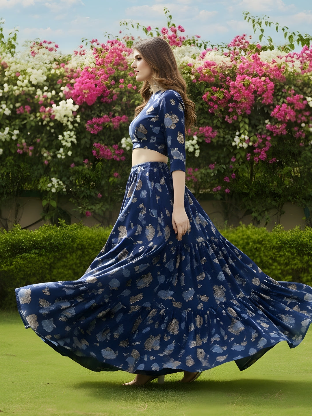 Elegant Navy Blue Printed Crop Top Flared Skirt Festive & Party Wear Top and  Skirt Set