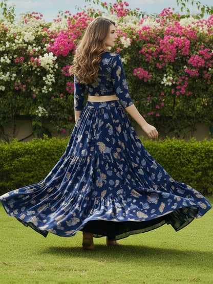 Elegant Navy Blue Printed Crop Top Flared Skirt Festive & Party Wear Top and  Skirt Set