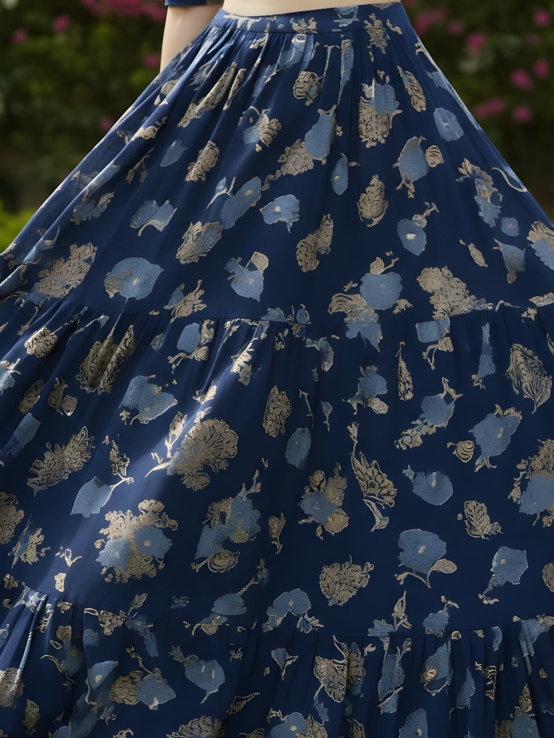 Elegant Navy Blue Printed Crop Top Flared Skirt Festive & Party Wear Top and  Skirt Set