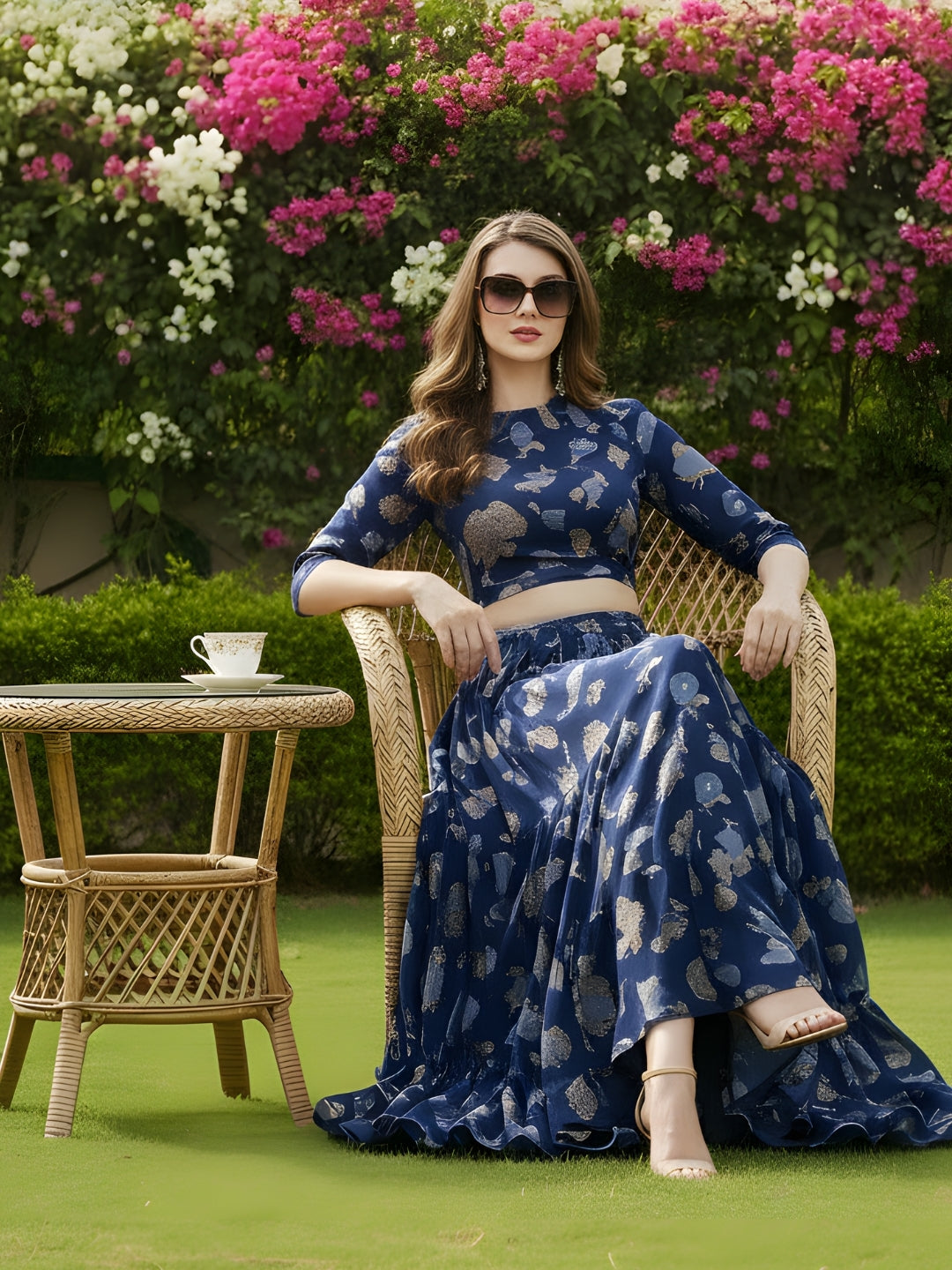 Elegant Navy Blue Printed Crop Top Flared Skirt Festive & Party Wear Top and  Skirt Set