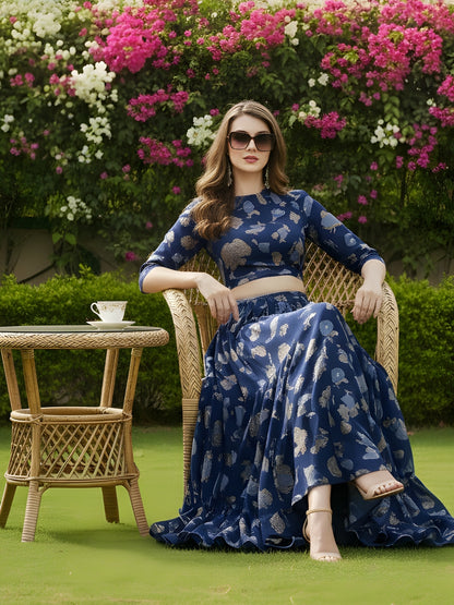 Elegant Navy Blue Printed Crop Top Flared Skirt Festive & Party Wear Top and  Skirt Set