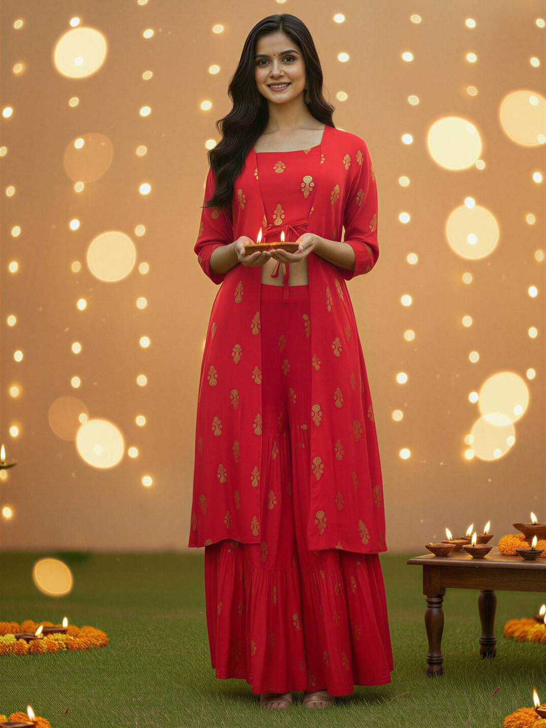 Elegant Red Printed 3 Pc Cord Set for Women , Festive Ethnic 3 Pc Co-ord Outfit with Gold Motifs