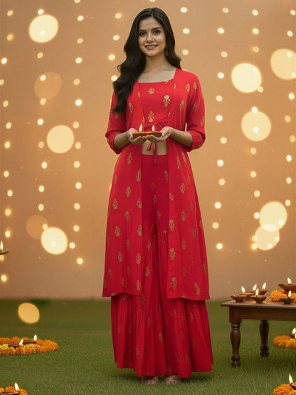 Elegant Red Printed 3 Pc Cord Set for Women , Festive Ethnic 3 Pc Co-ord Outfit with Gold Motifs