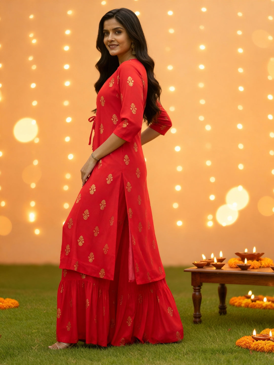 Elegant Red Printed 3 Pc Cord Set for Women , Festive Ethnic 3 Pc Co-ord Outfit with Gold Motifs