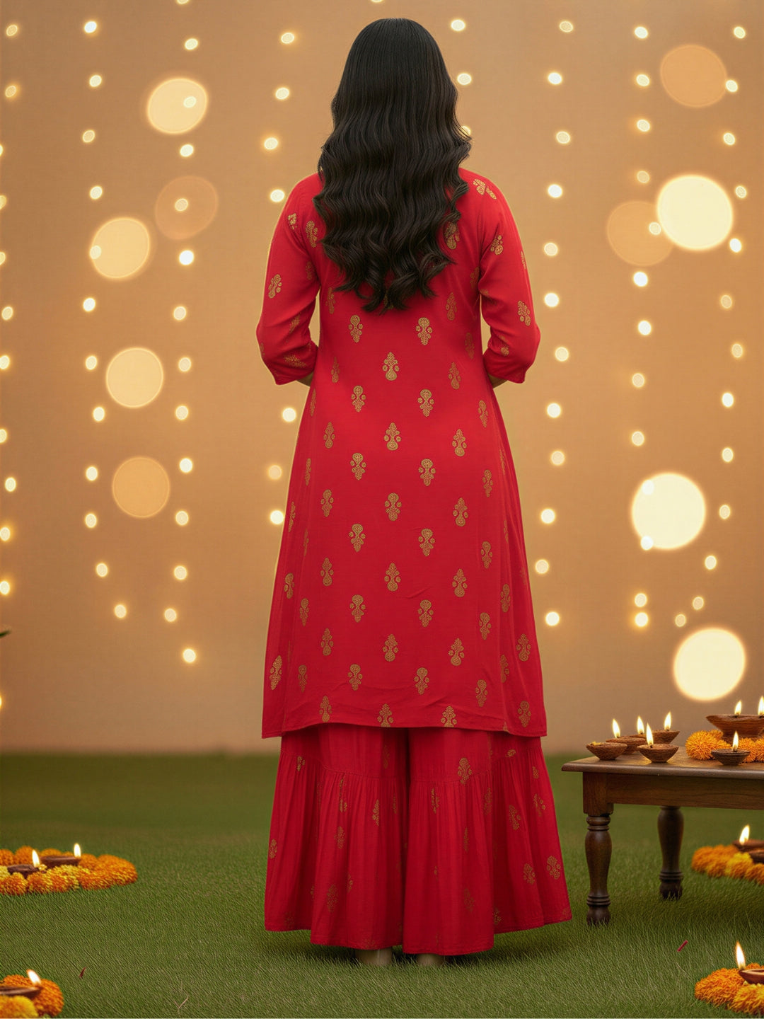 Elegant Red Printed 3 Pc Cord Set for Women , Festive Ethnic 3 Pc Co-ord Outfit with Gold Motifs