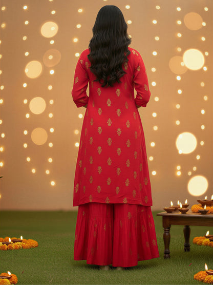 Elegant Red Printed 3 Pc Cord Set for Women , Festive Ethnic 3 Pc Co-ord Outfit with Gold Motifs