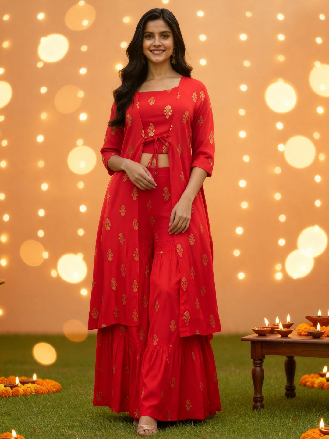 Elegant Red Printed 3 Pc Cord Set for Women , Festive Ethnic 3 Pc Co-ord Outfit with Gold Motifs