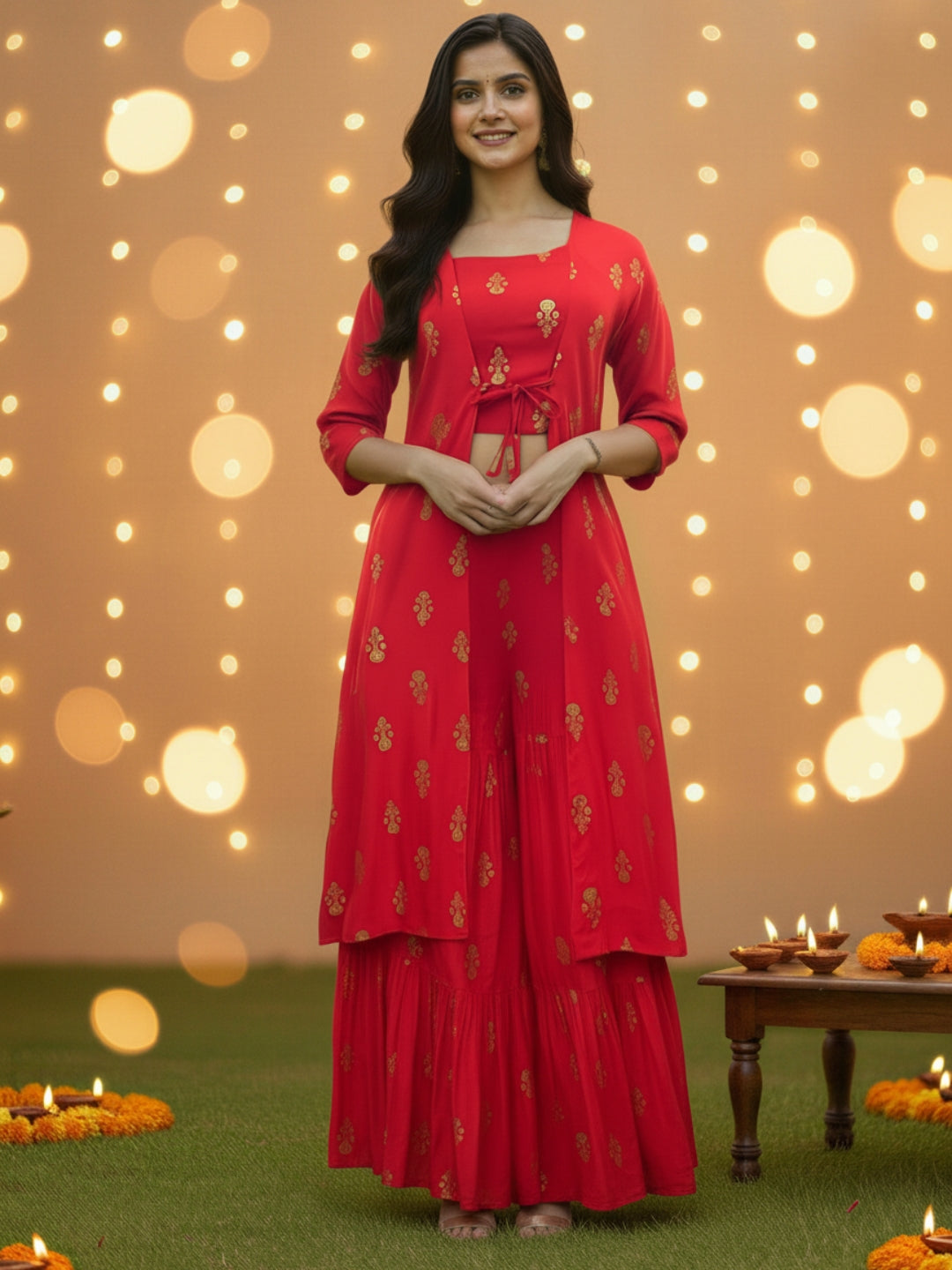 Elegant Red Printed 3 Pc Cord Set for Women , Festive Ethnic 3 Pc Co-ord Outfit with Gold Motifs