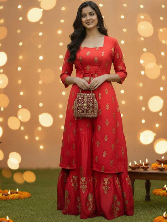 Red Printed 3 Pc Cord Set for Women , Festive Ethnic 3 Pc Co-ord Outfit with Gold Motifs