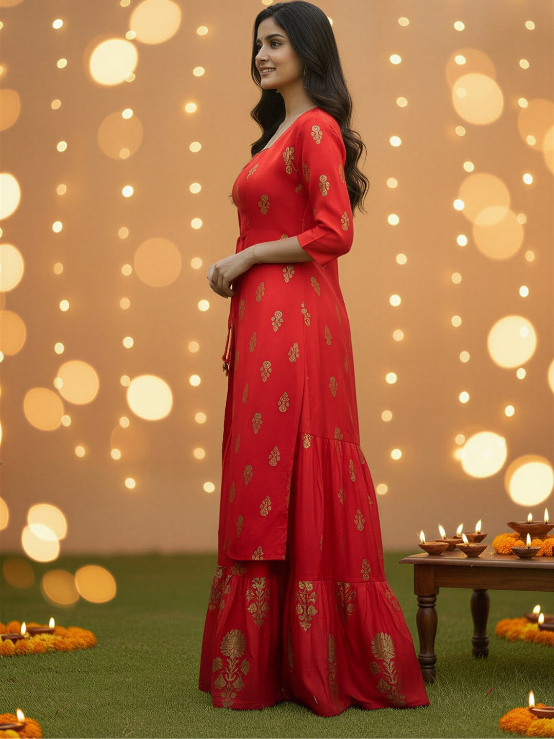 Red Printed 3 Pc Cord Set for Women , Festive Ethnic 3 Pc Co-ord Outfit with Gold Motifs