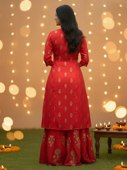 Red Printed 3 Pc Cord Set for Women , Festive Ethnic 3 Pc Co-ord Outfit with Gold Motifs