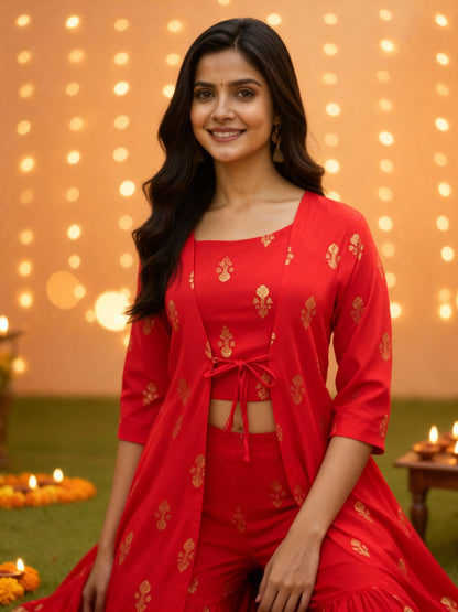 Red Printed 3 Pc Cord Set for Women , Festive Ethnic 3 Pc Co-ord Outfit with Gold Motifs