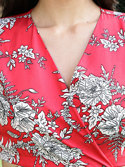Red Floral  Printed Wrap Top with Skirt