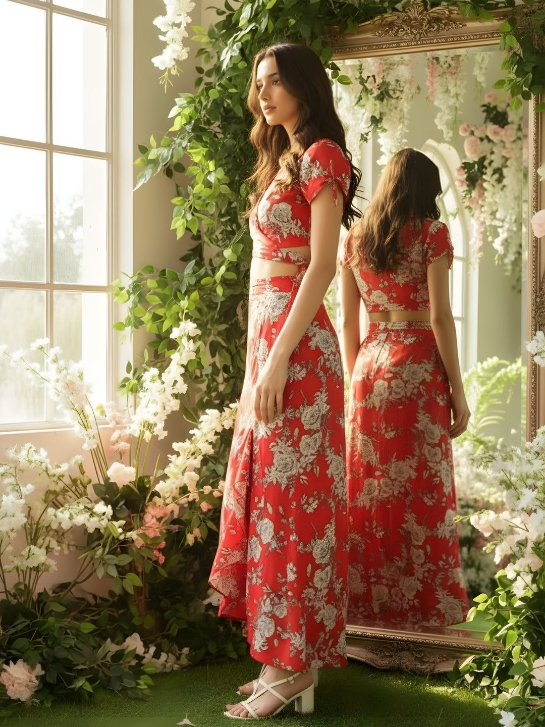 Red Floral  Printed Wrap Top with Skirt