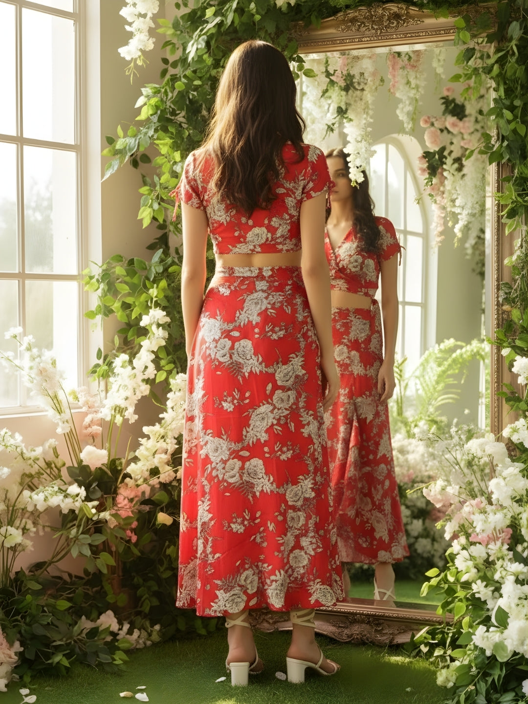 Red Floral  Printed Wrap Top with Skirt