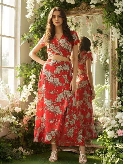 Red Floral  Printed Wrap Top with Skirt