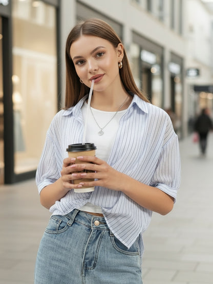 Blue & White Striped  Oversized Top with inner tank top and necklace