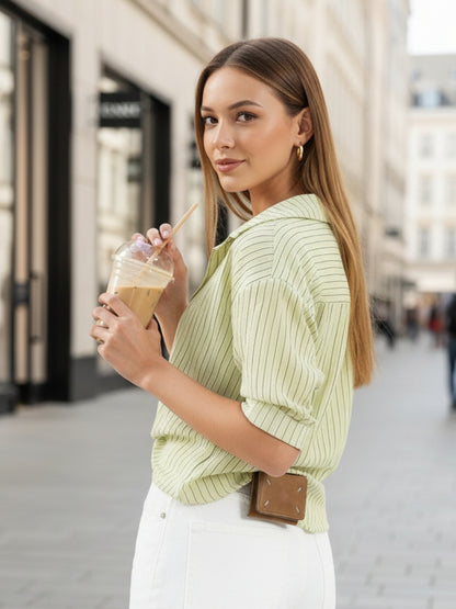 Light Green Striped Oversized Top with inner tank top and necklace