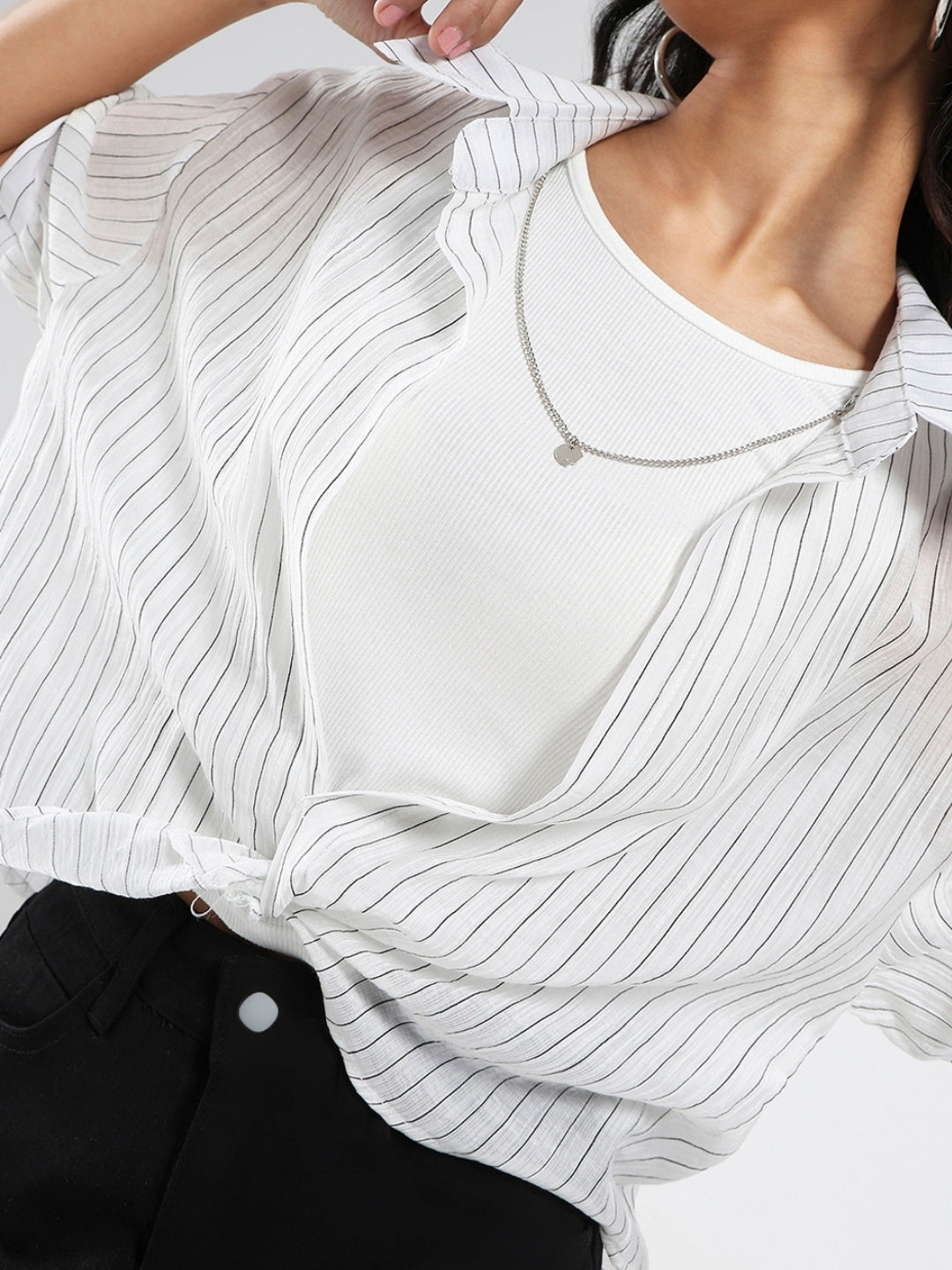 White Striped Oversized Top with inner tank top and necklace