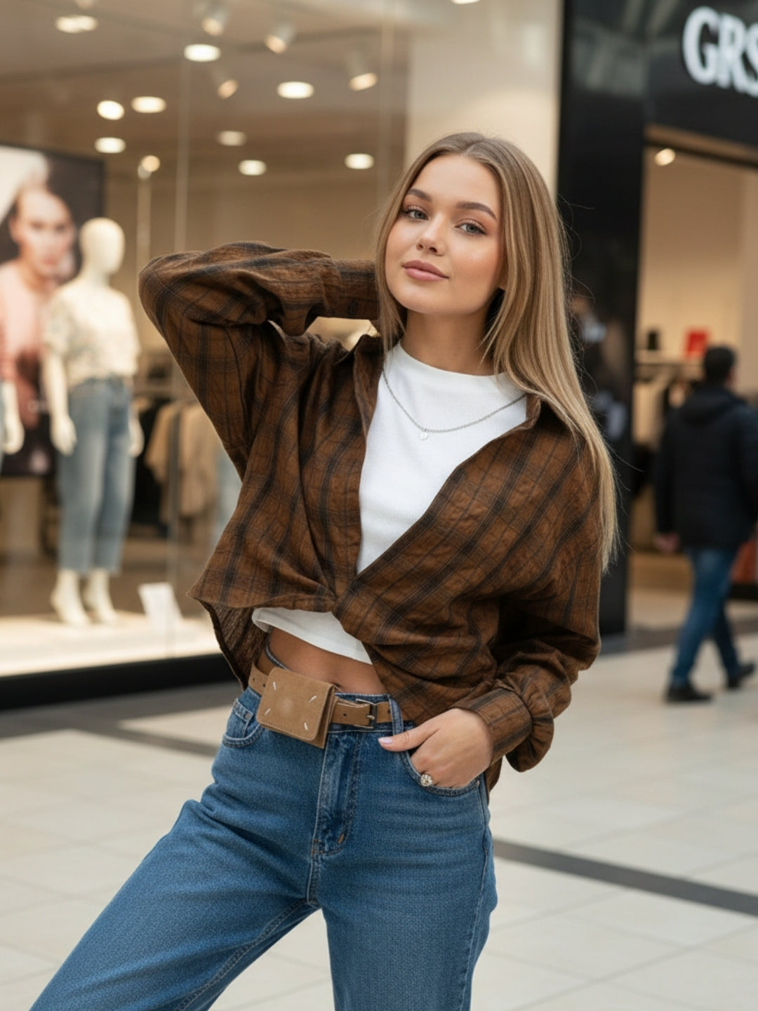 Brown Checkered Oversized Shirt with tank top and necklace