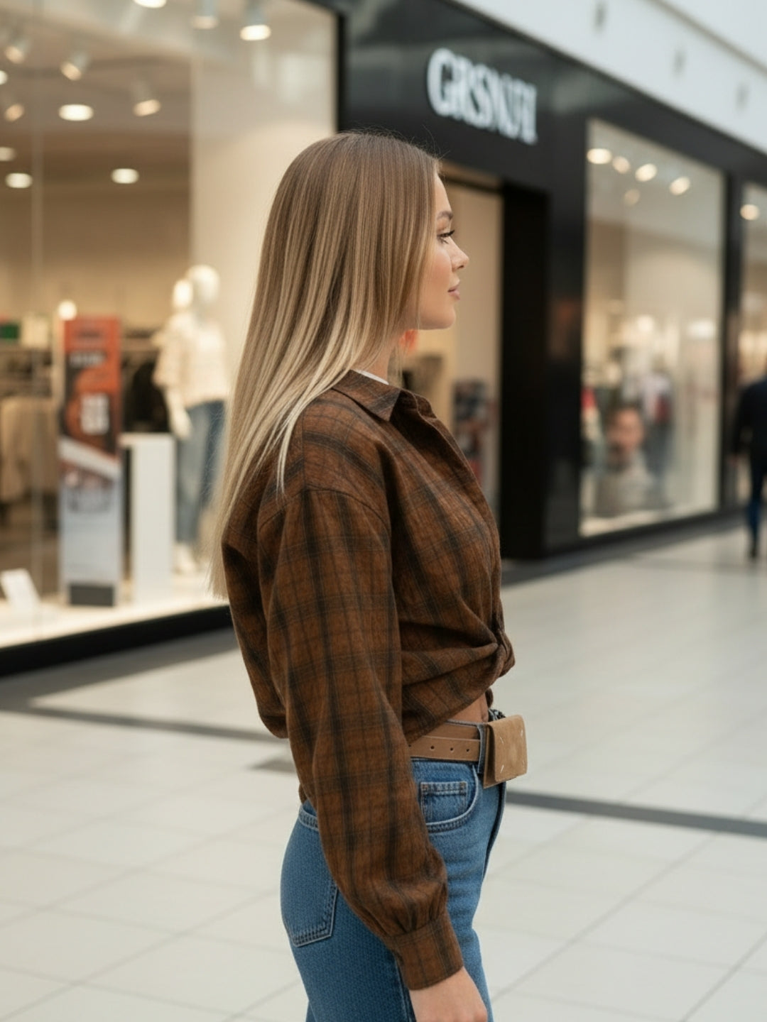 Brown Checkered Oversized Shirt with tank top and necklace