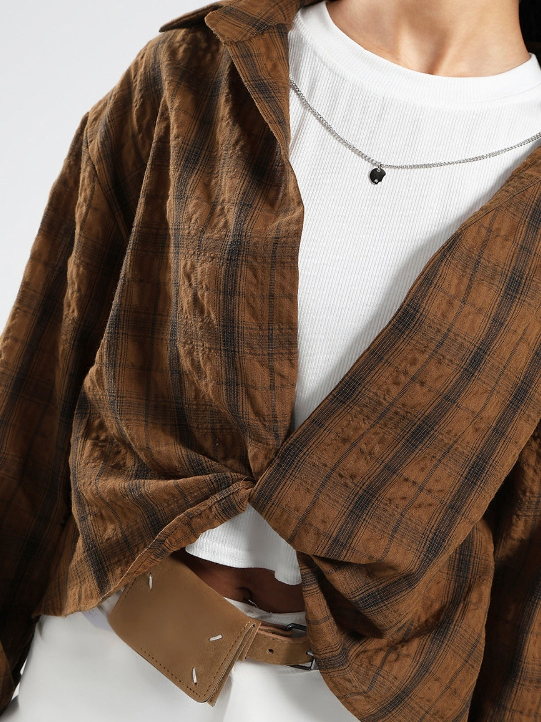 Brown Checkered Oversized Shirt with tank top and necklace