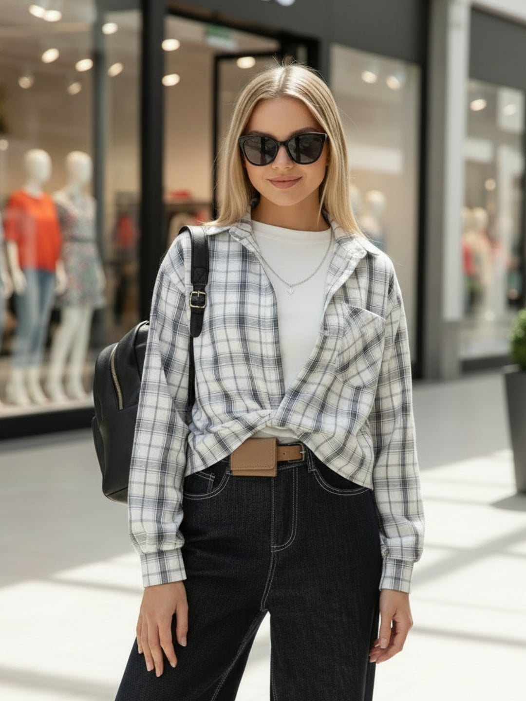 White Grey Checkered Oversized Shirt with tank top and necklace
