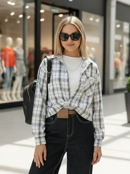 White Grey Checkered Oversized Shirt with tank top and necklace