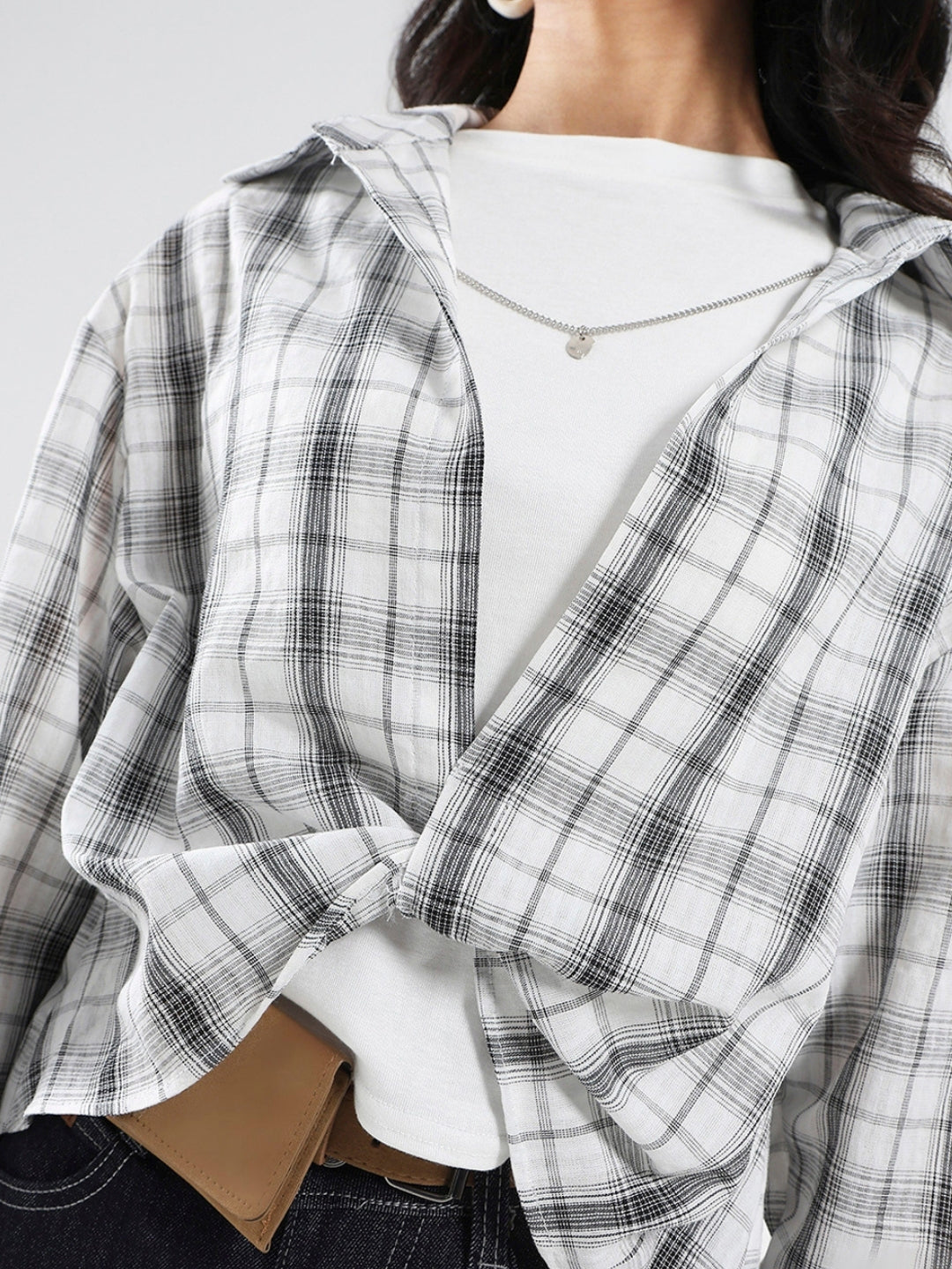 White Grey Checkered Oversized Shirt with tank top and necklace