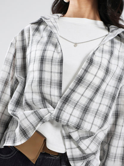 White Grey Checkered Oversized Shirt with tank top and necklace