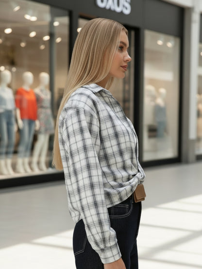 White Grey Checkered Oversized Shirt with tank top and necklace