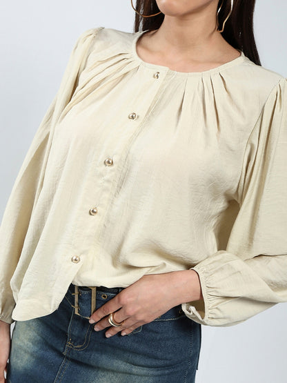 Beige Cotton Nylon Puff Sleeve Top