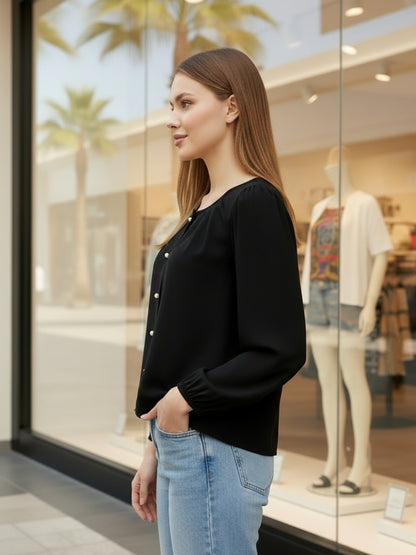 Black Cotton Nylon Puff Sleeve Top