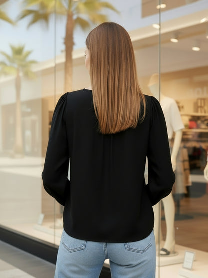 Black Cotton Nylon Puff Sleeve Top